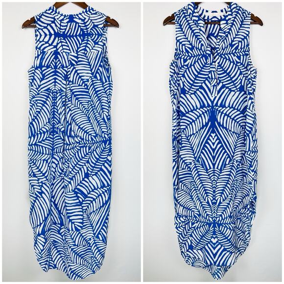 Marie Oliver Blue & White M Silk Sleeveless Midi Dress Palm Leaf Print - Picture 1 of 7